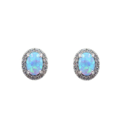 Silver Clear CZ & Blue Opal Oval Stud Earrings