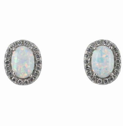 Silver Clear CZ & White Opal Oval Stud Earrings