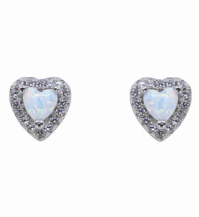 Silver Clear CZ & White Opal Heart Stud Earrings