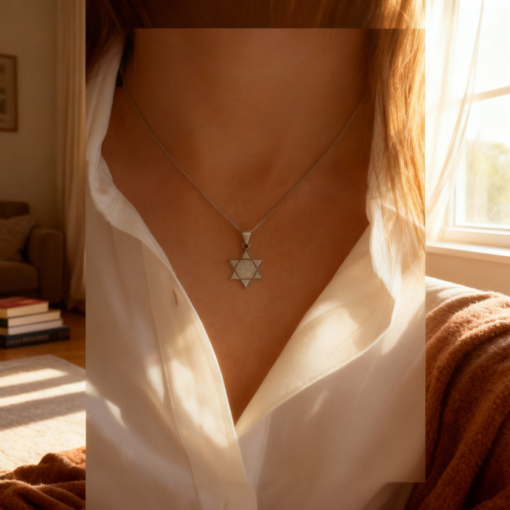 Close-up of sparkling CZ stones on Star of David pendant