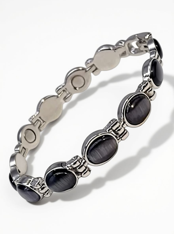 Side view of Ladies Magnetic Bracelet showing oval cat eye stones