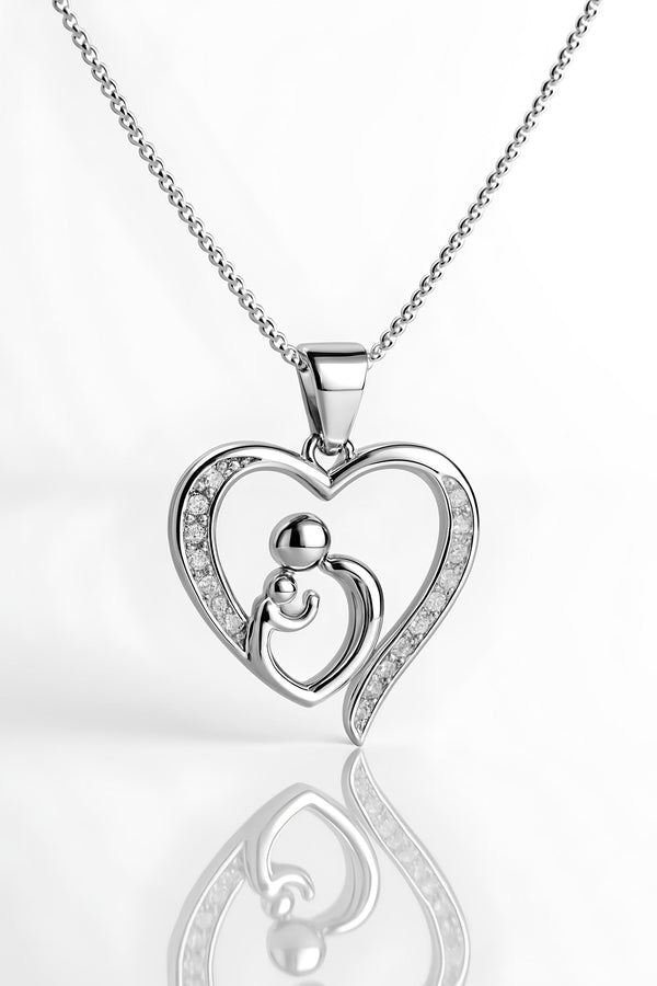 Parent & Child CZ Heart Pendant full view in sterling silver
