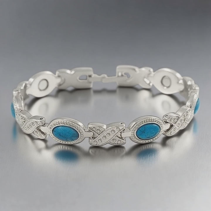 Front view of Ladies Silver Magnetic Bracelet with turquoise stones