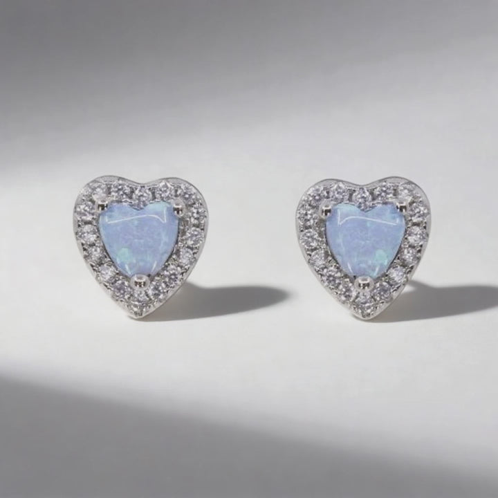 Silver CZ & Blue Opal Heart Stud Earrings front view