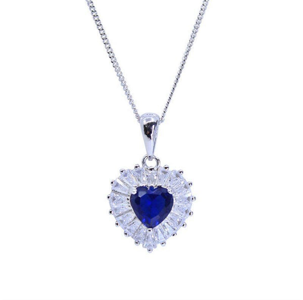 Sapphire & Clear CZ Heart Pendant full view in sterling silver