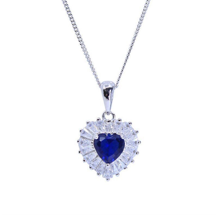 Sapphire & Clear CZ Heart Pendant full view in sterling silver