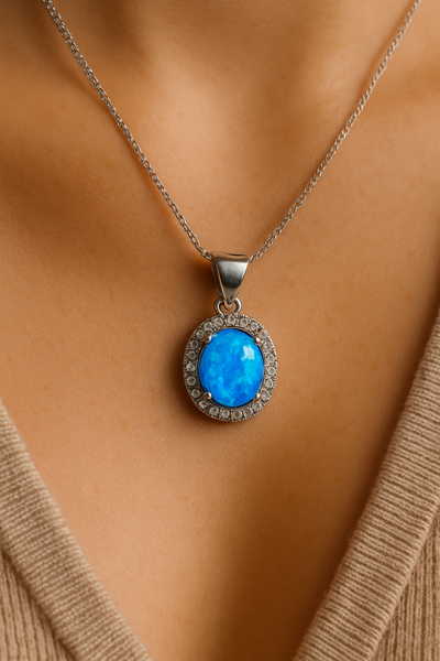 Sterling Silver Blue Opal Oval Pendant Necklace full view