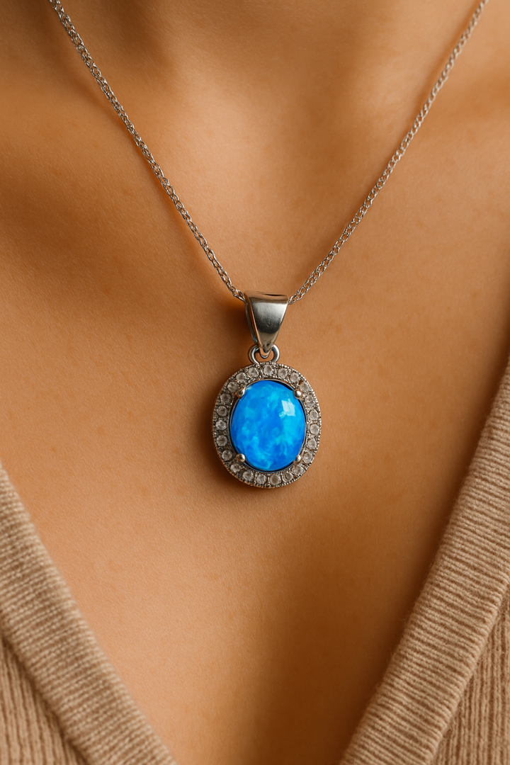 Sterling Silver Blue Opal Oval Pendant Necklace full view