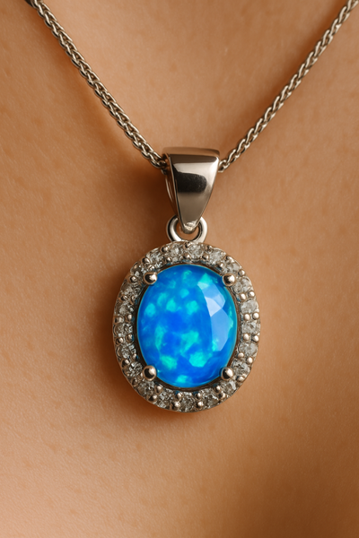 Close-up of pendant highlighting blue opal and CZ stones