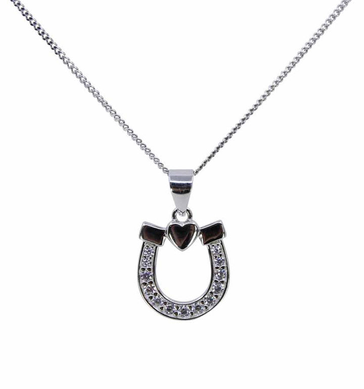 Front view of Silver CZ Lucky Horse Shoe & Heart Pendant by RAFYQ