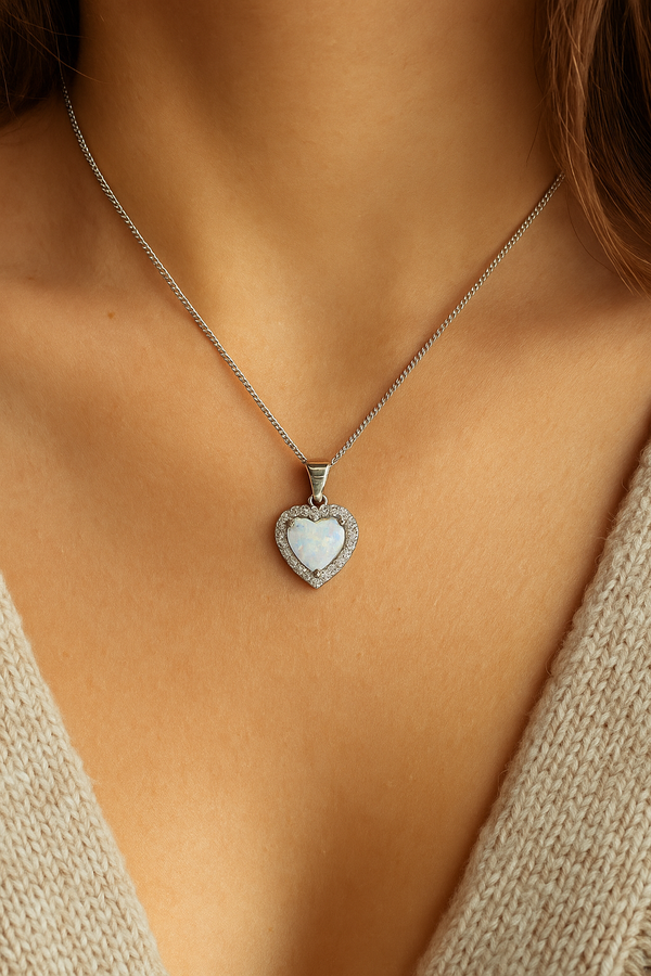 Sterling Silver Heart Pendant with Clear CZ & White Opal full view